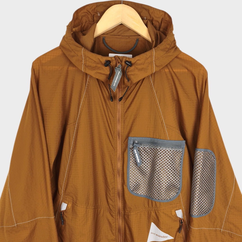AND WANDER Men's Brown Breath Rip Hooded Jacket