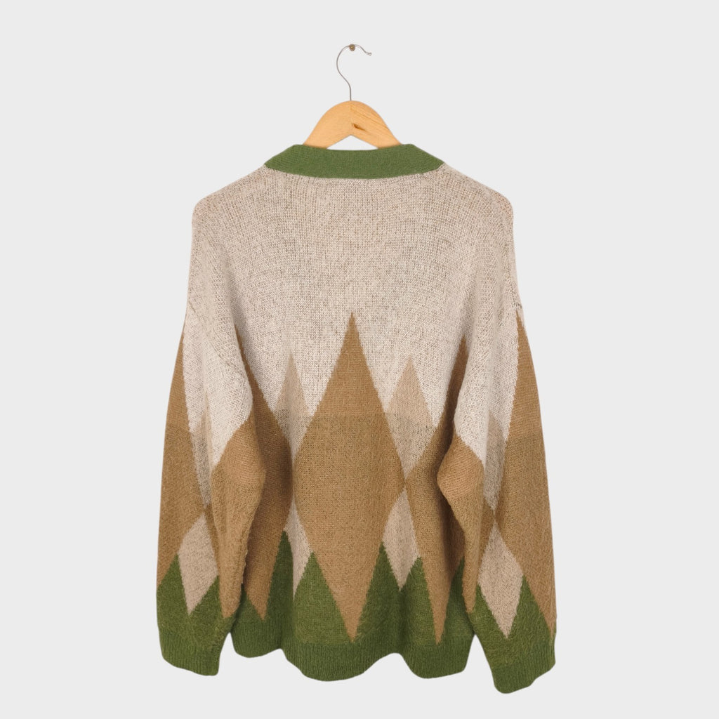 BEAMS HEART Men's Mohair Wool Blend Shaggy Grunge Argyle Cardigan
