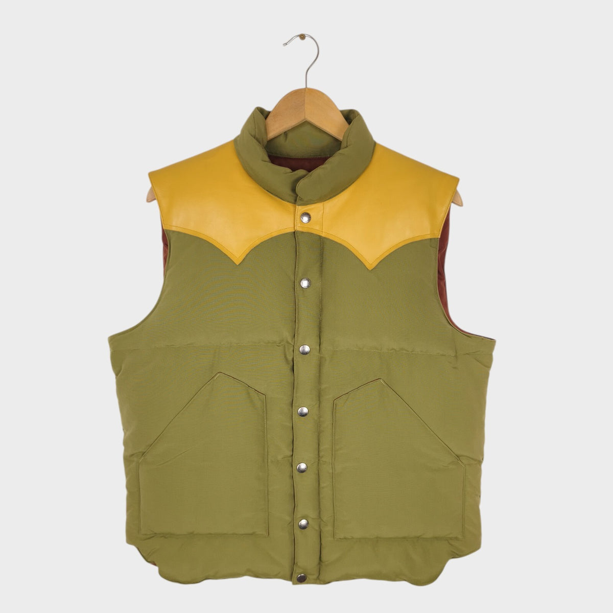 SUGAR CANE Men's Olive Green Cotton/Nylon Leather Yoke Down Vest Gilet