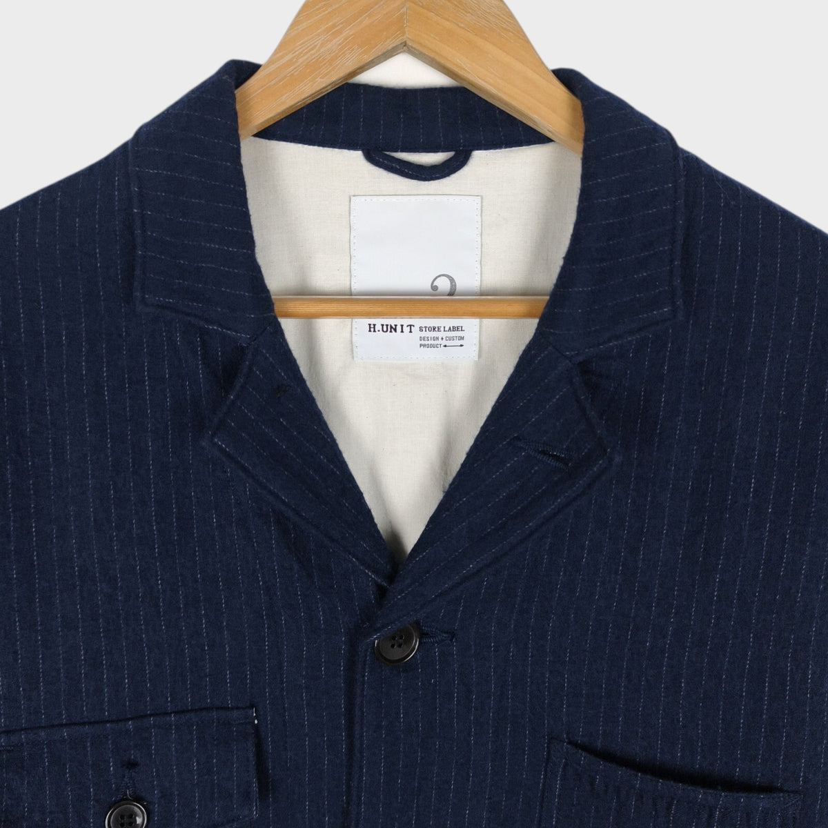 H.UNIT Men's Made in Japan Navy Blue Cotton/Wool Blend Pinstripe Chore Coat
