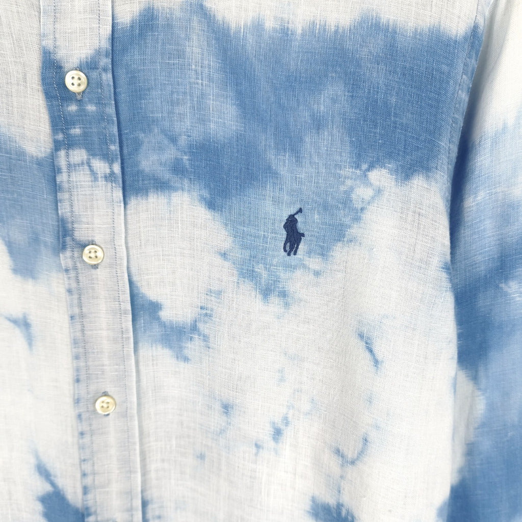 RALPH LAUREN Men's Blue/White Tie Dye 100% Linen Embroidered Logo Shirt