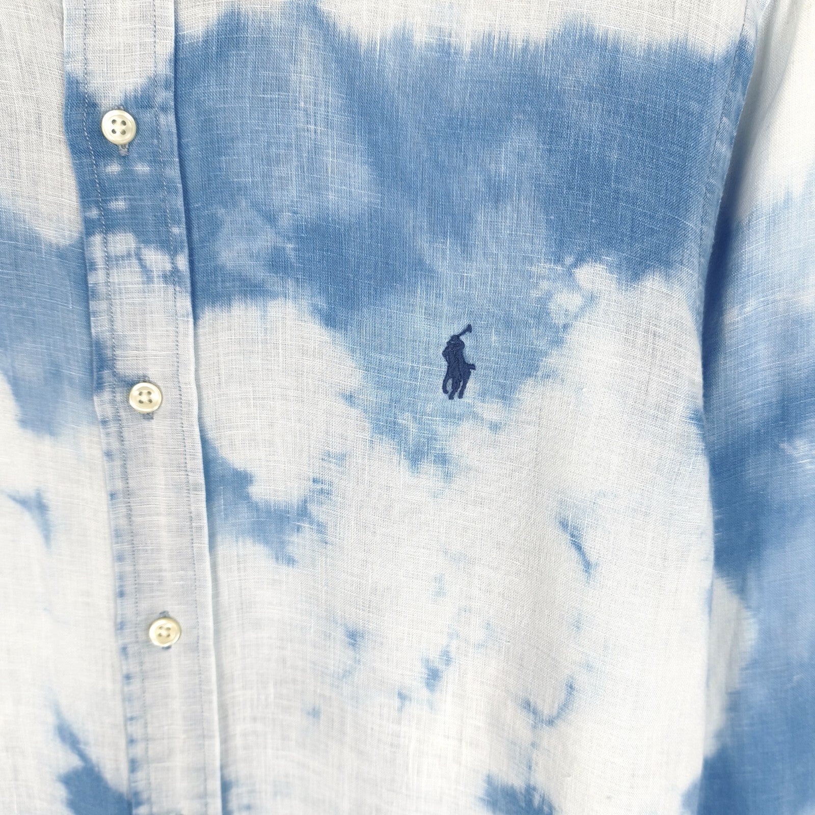 RALPH LAUREN Men's Blue/White Tie Dye 100% Linen Embroidered Logo Shirt