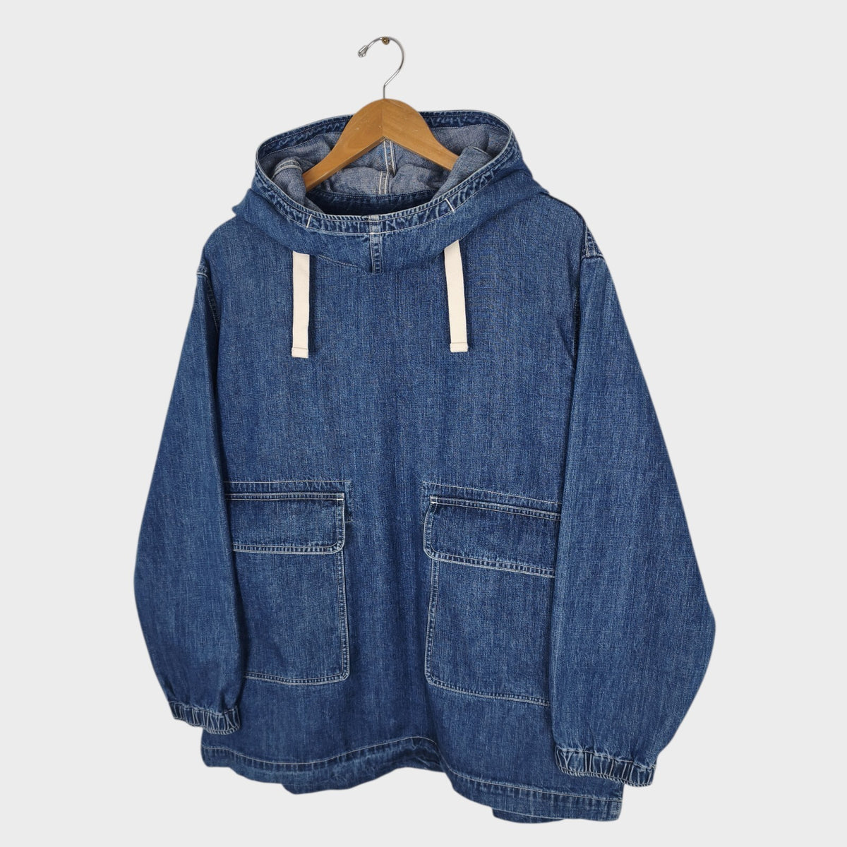 BEAMS Men's Relaxed Fit Washed Blue Denim Anorak Smock Jacket