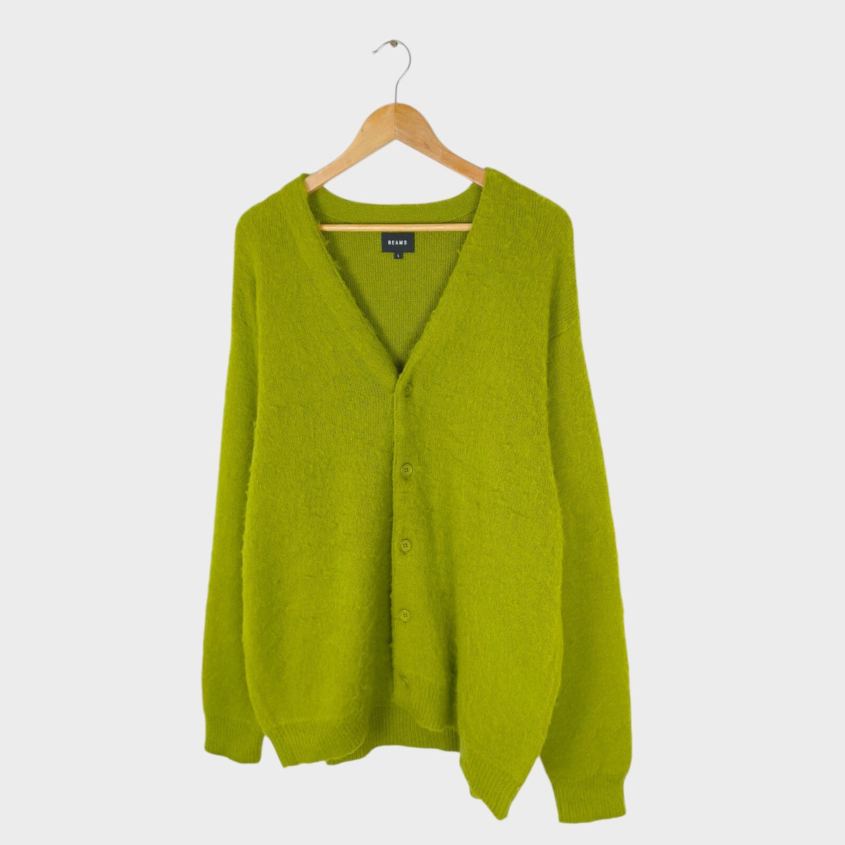 BEAMS Men's Lime Green Mohair Blend Shaggy Grunge Cardigan