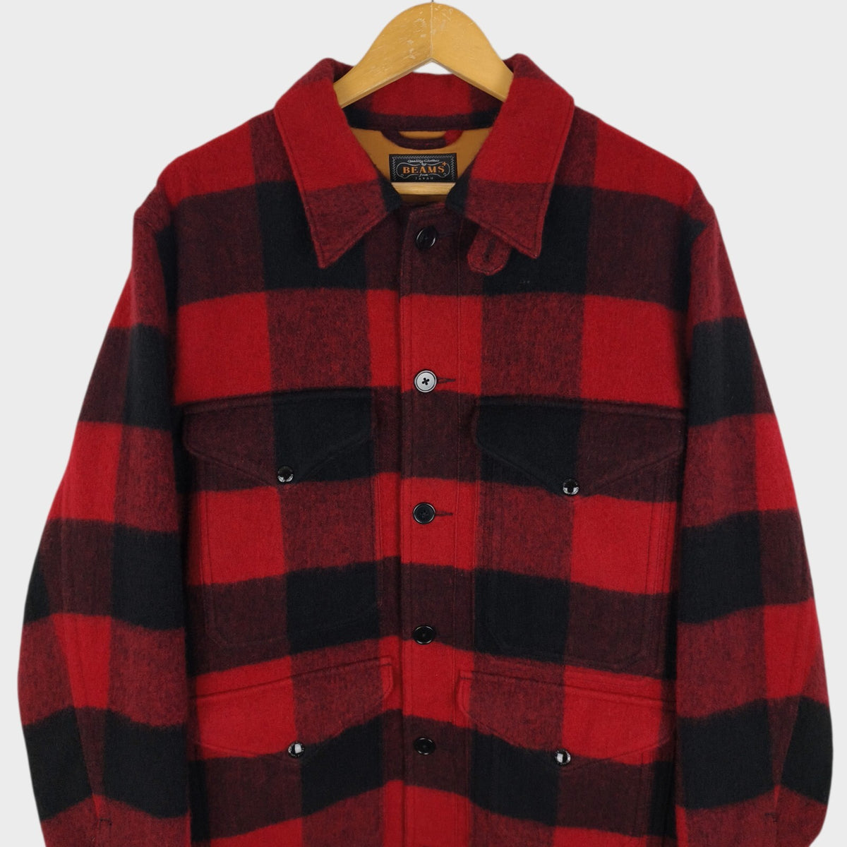 BEAMS PLUS Men's Red/Black Buffalo Wool Blend Check Mackinaw Cruiser Jacket
