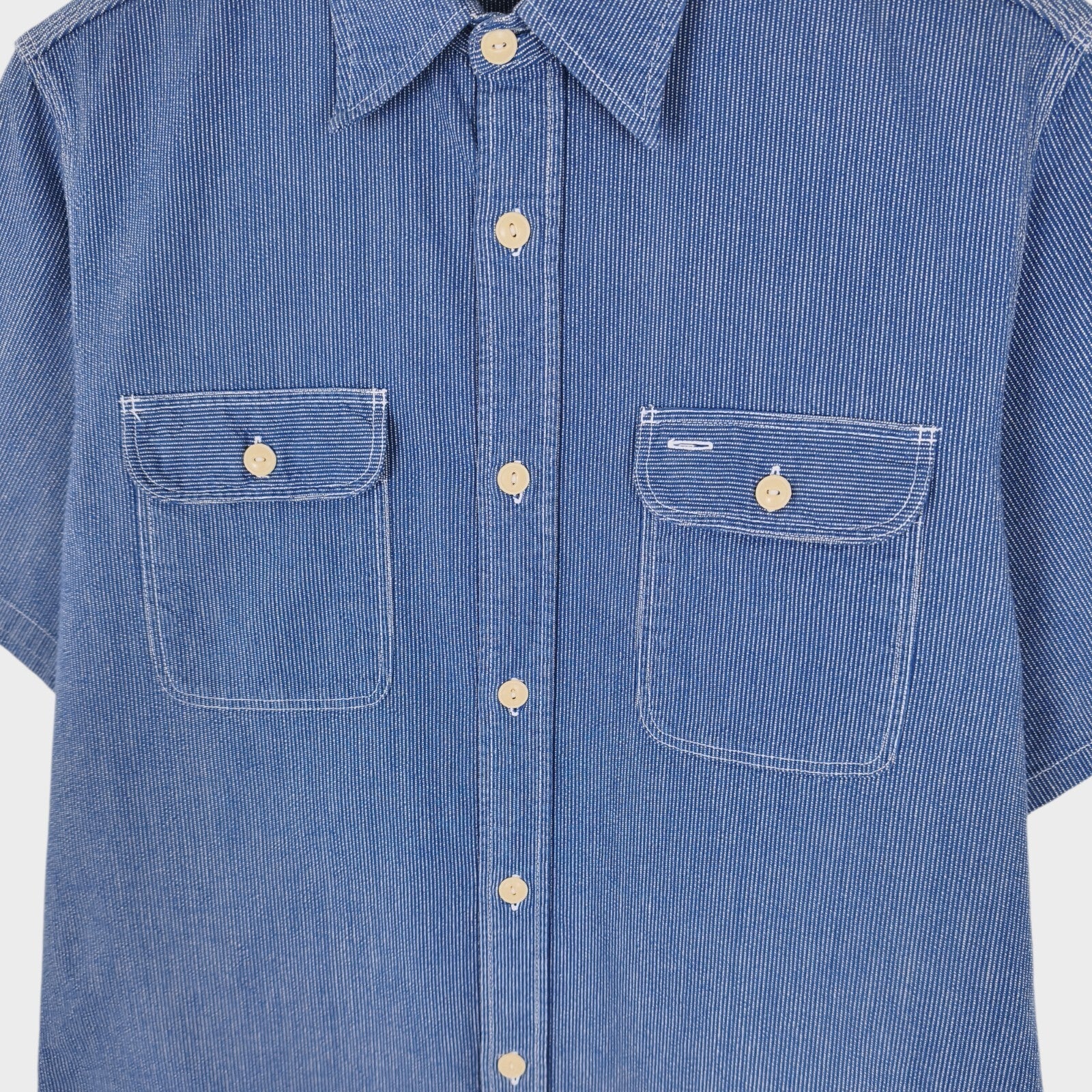 SUGAR CANE Men's Made in Japan Blue Embroidered Striped Utility Work Shirt