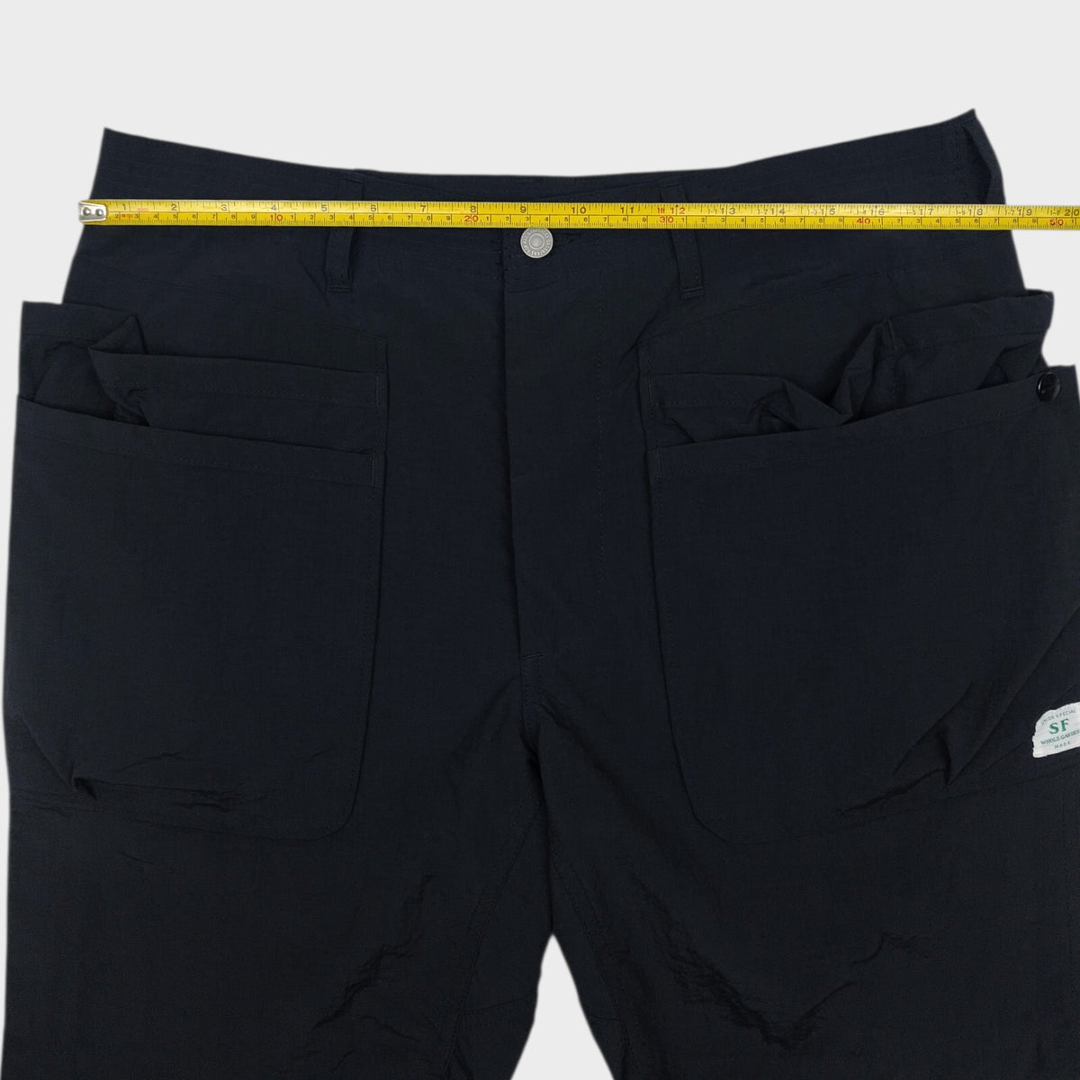 SASSAFRAS Men's Made in Japan Black Whole Hole Nylon Ripstop Cargo Shorts