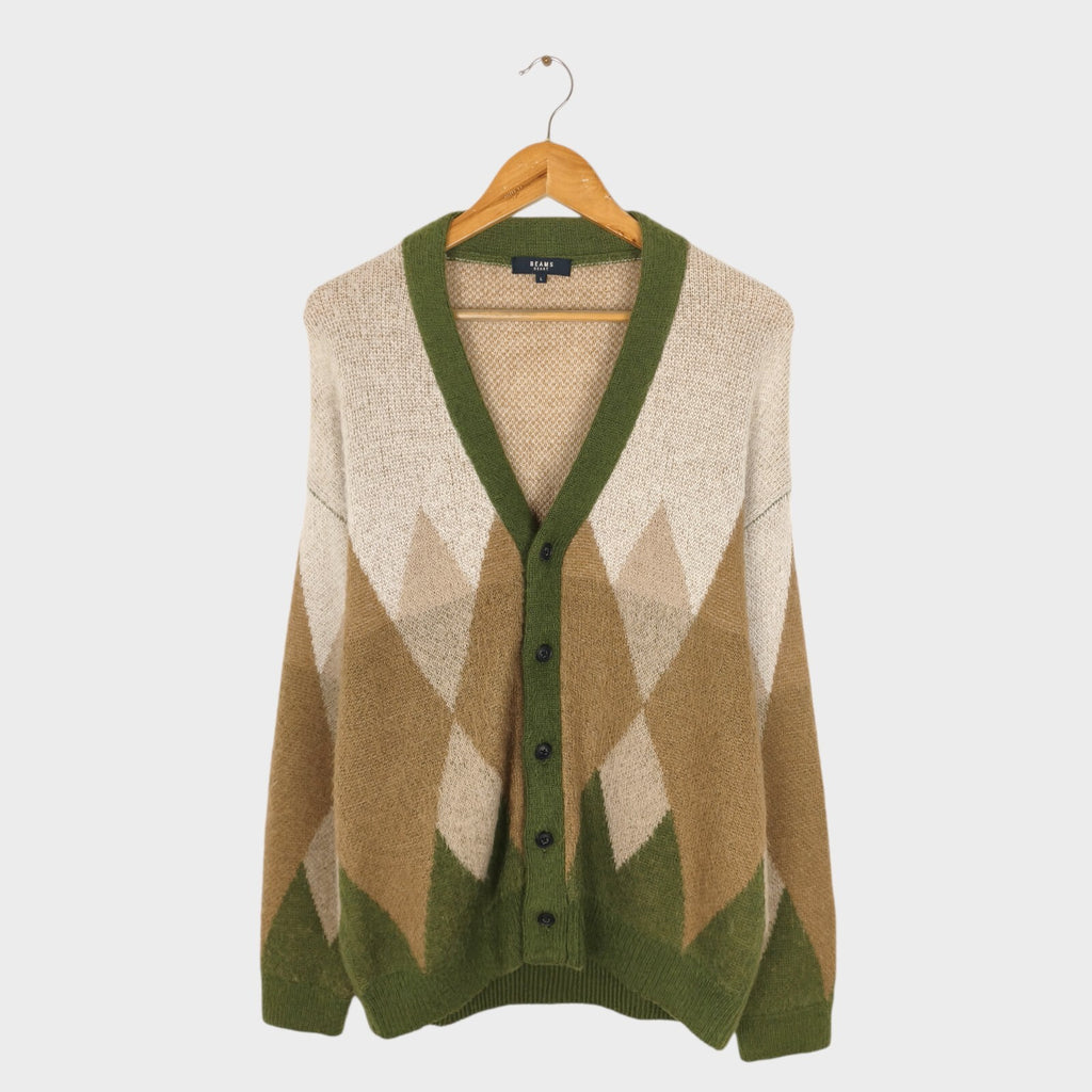 BEAMS HEART Men's Mohair Wool Blend Shaggy Grunge Argyle Cardigan