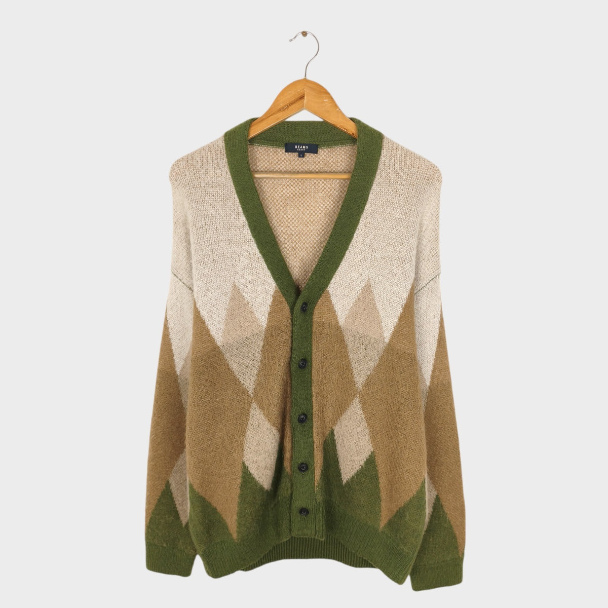 BEAMS HEART Men's Mohair Wool Blend Shaggy Grunge Argyle Cardigan