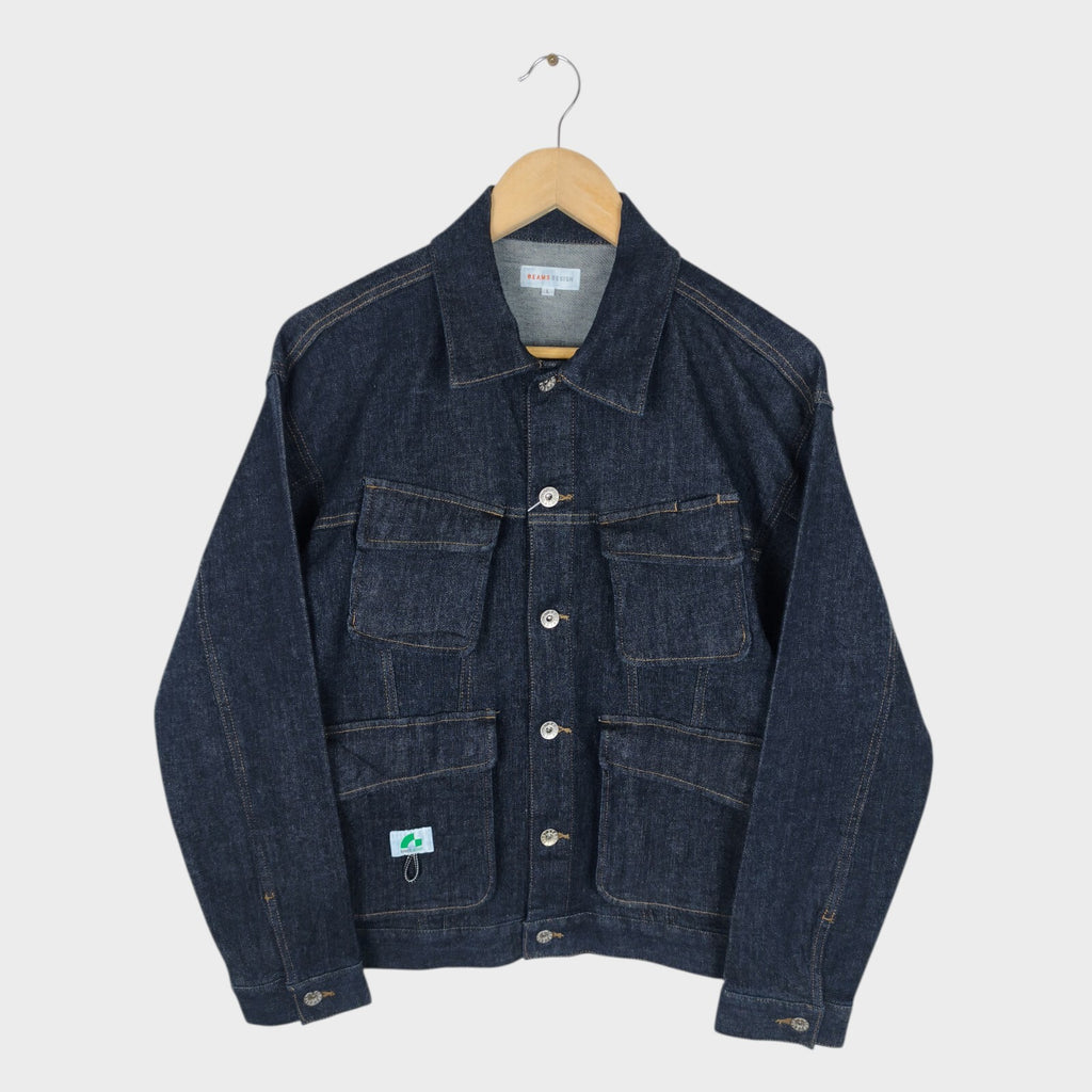 BEAMS Men's Dark Blue Cropped Denim Utility Chore Jacket