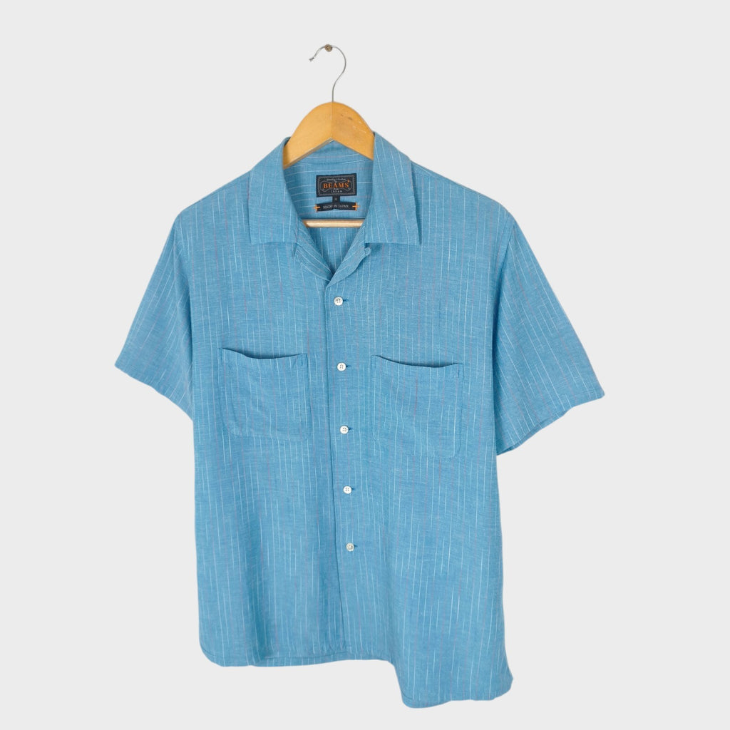 BEAMS PLUS Men's Made in Japan Rayon/Linen Striped Short Sleeved Shirt