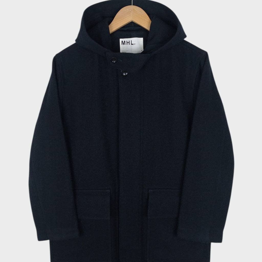 MHL MARGARET HOWELL Men's Dark Navy Blue 100% Wool Hooded Coat