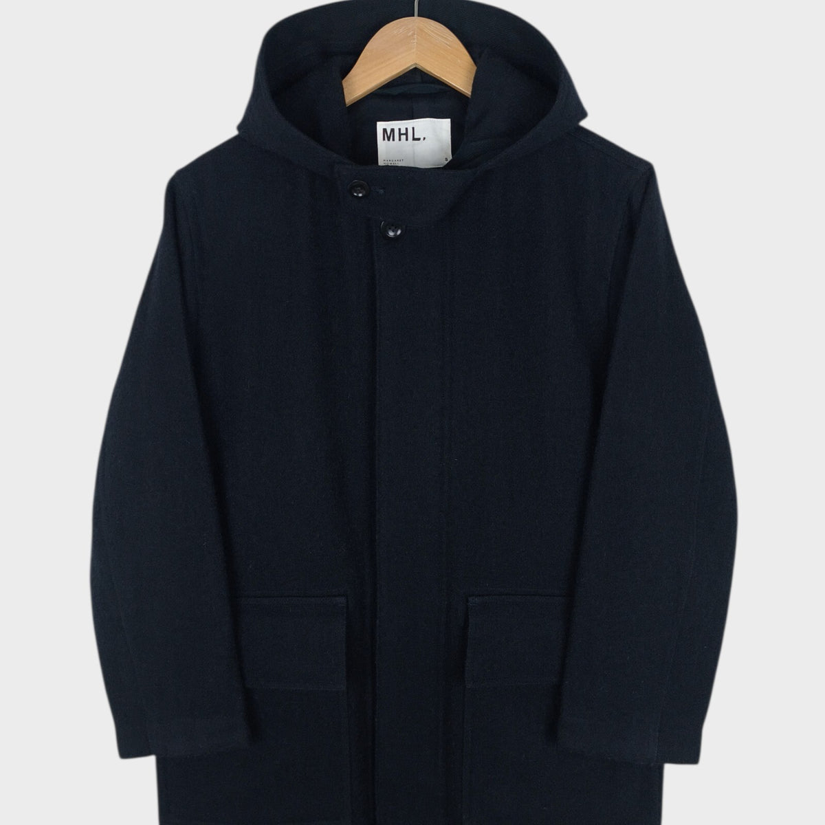 MHL MARGARET HOWELL Men's Dark Navy Blue 100% Wool Hooded Coat