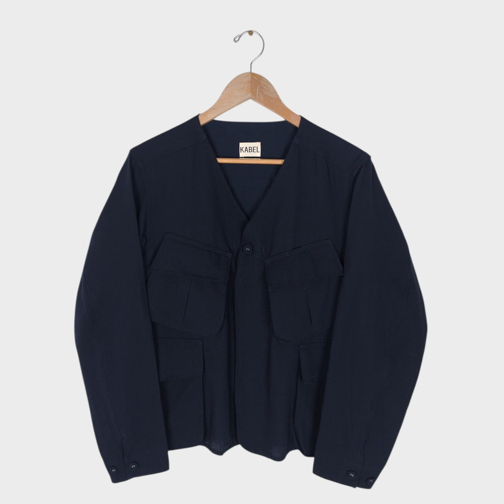 KABEL Men's Navy Blue Made in Japan 100% Wool/Linen V-Neck Utility Jacket
