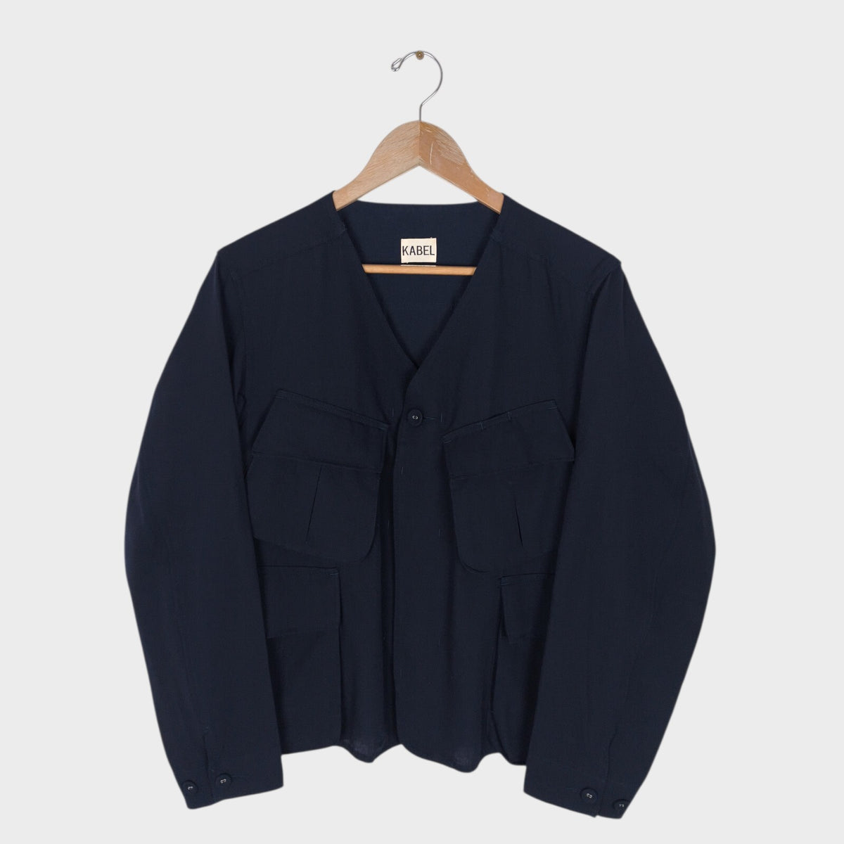 KABEL Men's Navy Blue Made in Japan 100% Wool/Linen V-Neck Utility Jacket