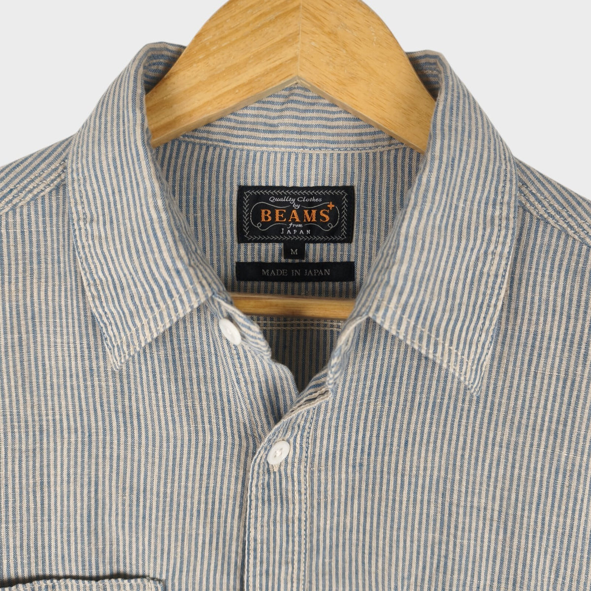 BEAMS PLUS Men's Made in Japan Striped 100% Linen Short Sleeved Shirt