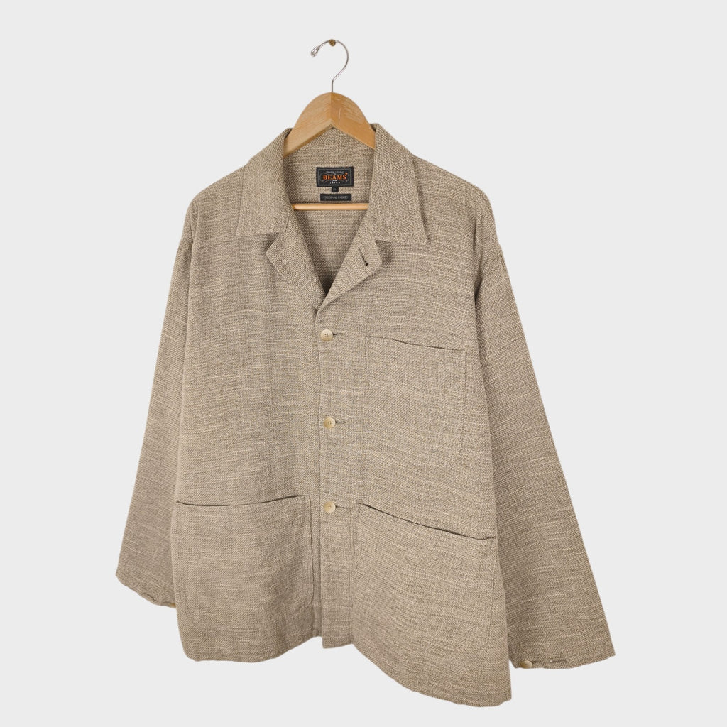 BEAMS PLUS Men's Beige Linen/Cotton Blend Knitted Chore Jacket
