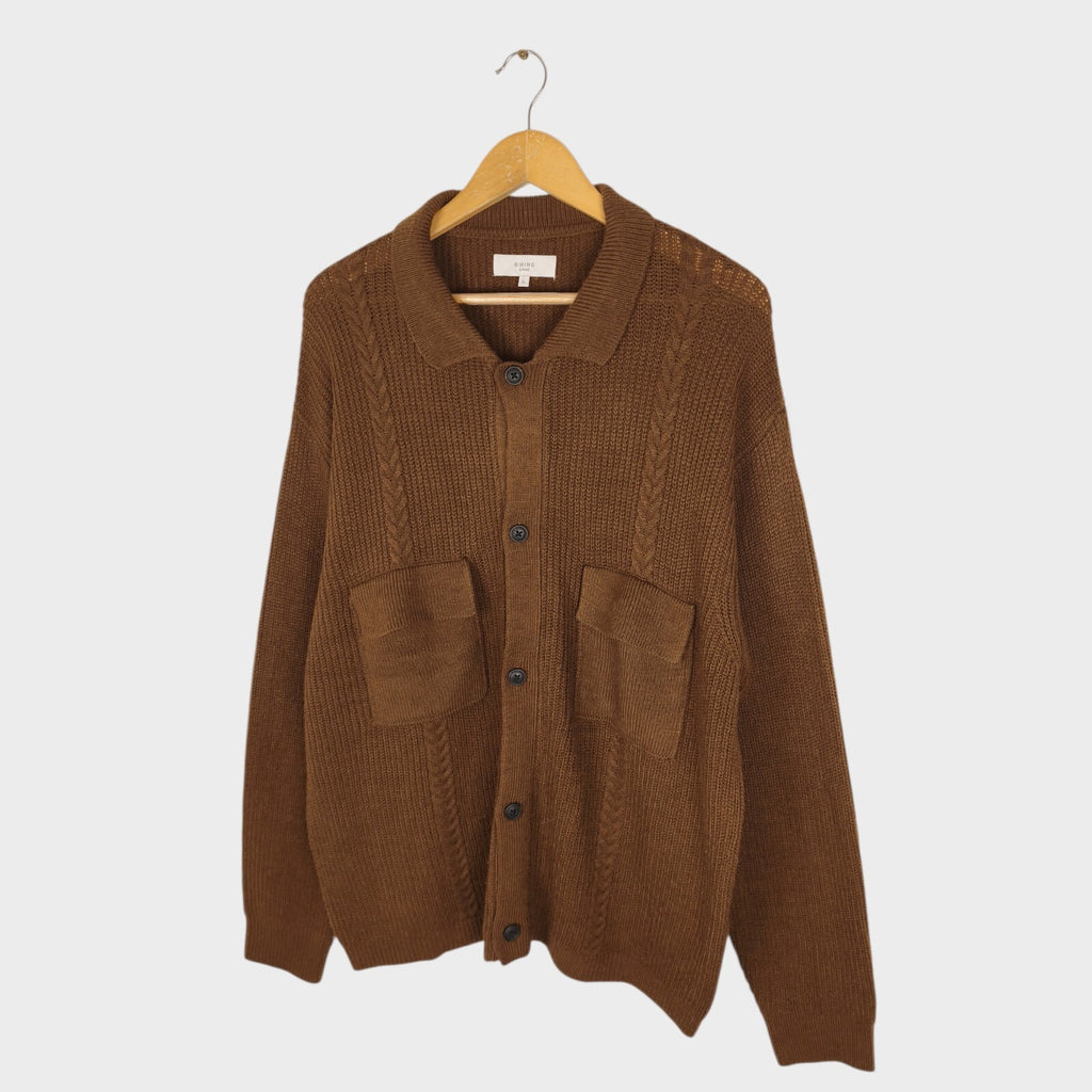 BEAMS B:MING Men's Brown 7-Gauge Cable Knit Cardigan Jacket