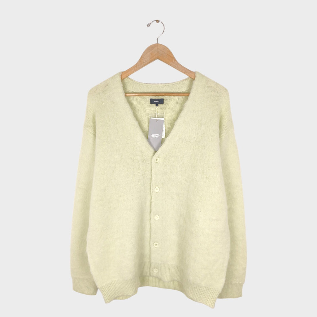 BEAMS Men's Light Yellow Mohair Blend Shaggy Grunge Cardigan