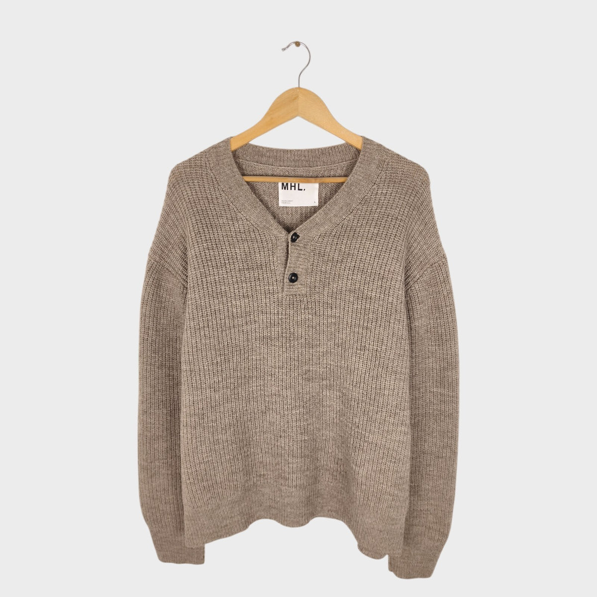 MHL MARGARET HOWELL Men's Oatmeal Brown 100% Wool Henley Neck Jumper