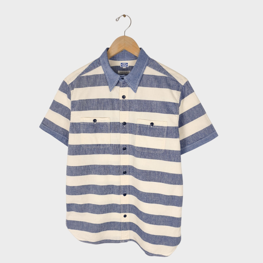 BEAMS WORK CLOTHING Men's Made in Japan Ecru/Blue Striped Short Sleeved Shirt