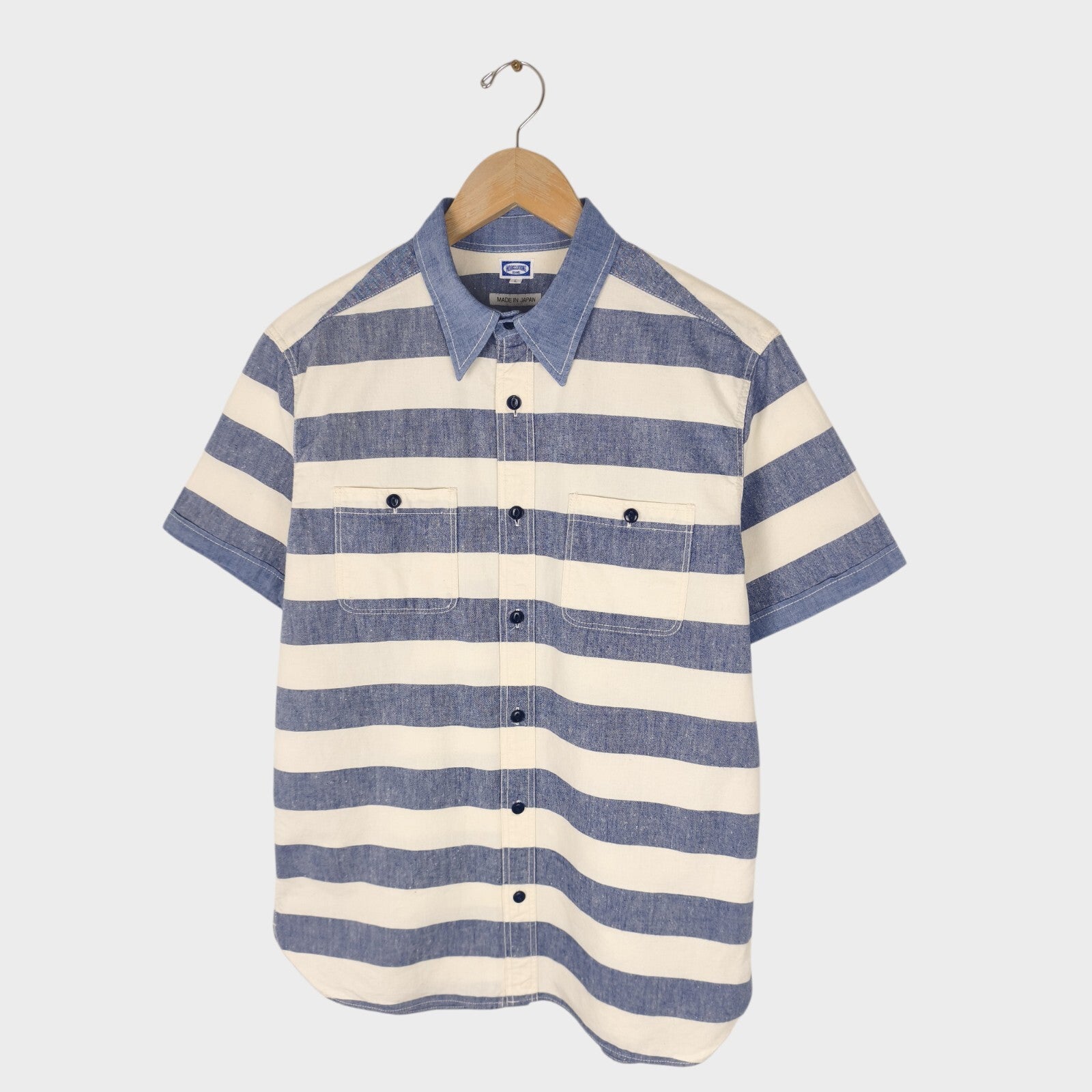 BEAMS WORK CLOTHING Men's Made in Japan Ecru/Blue Striped Short Sleeved Shirt