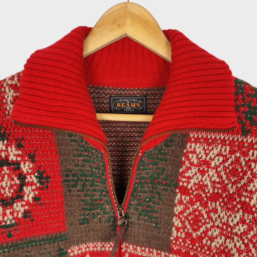 BEAMS PLUS Men's Red 100% Heavyweight Wool Jacquard Patchwork Jacket