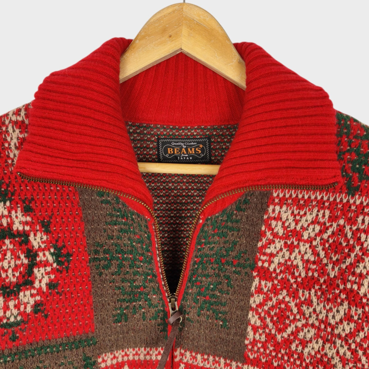 BEAMS PLUS Men's Red 100% Heavyweight Wool Jacquard Patchwork Jacket