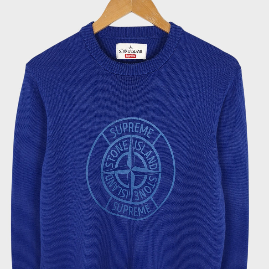 STONE ISLAND x SUPREME Men's Blue Cotton Reflective Compass Knit Jumper