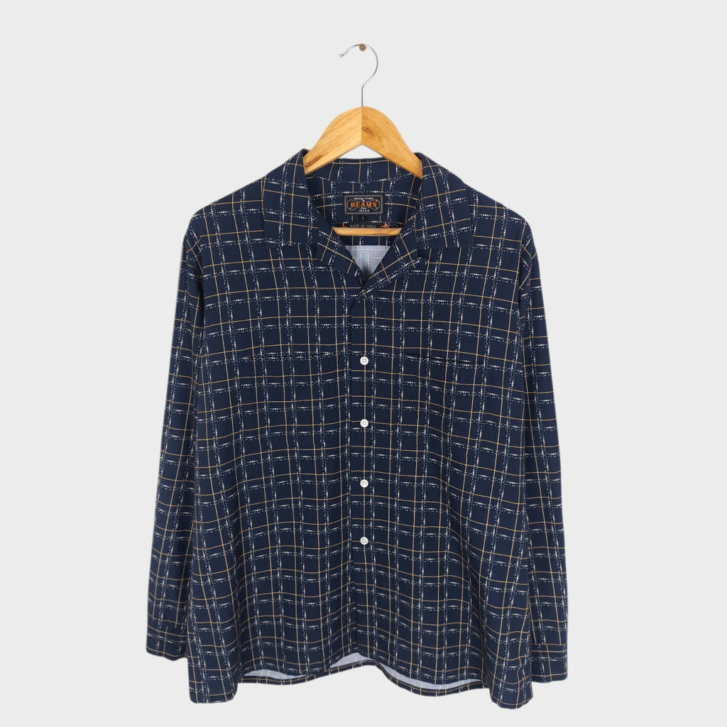 BEAMS PLUS Men's Made in Japan Rayon/Cotton Checked Camp Collar Shirt