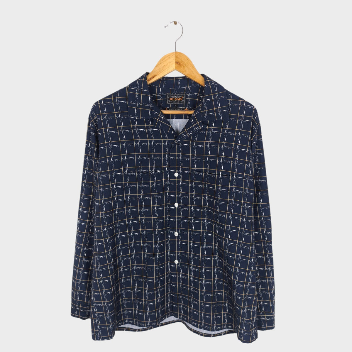 BEAMS PLUS Men's Made in Japan Rayon/Cotton Checked Camp Collar Shirt