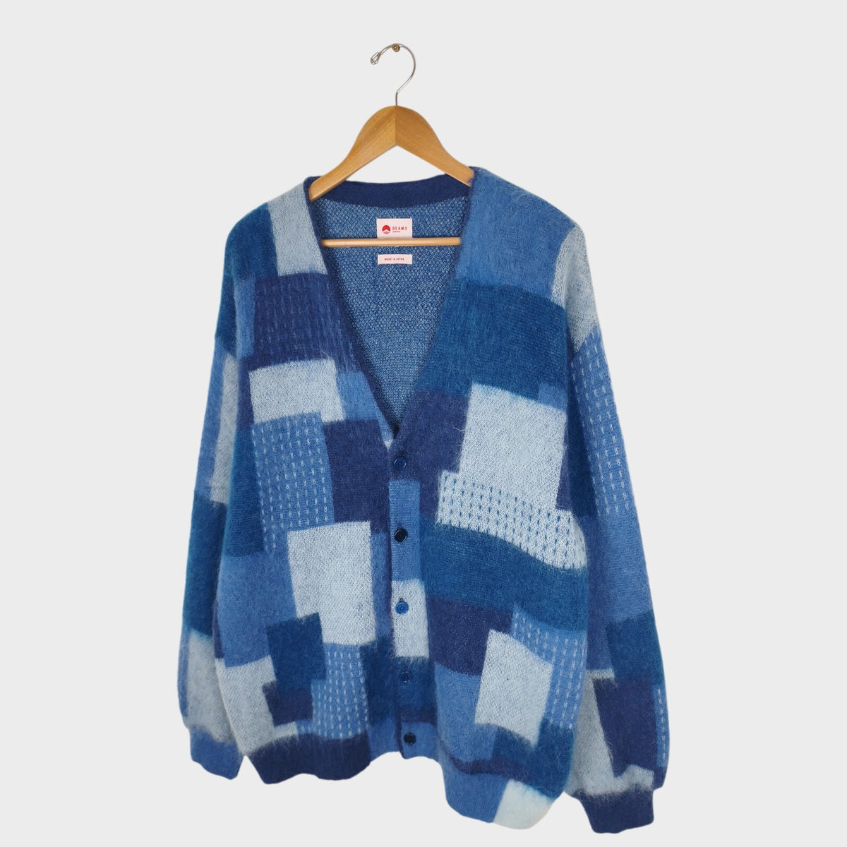 BEAMS JAPAN Men's Made in Japan Blue Boro Jacquard Shaggy Mohair Cardigan