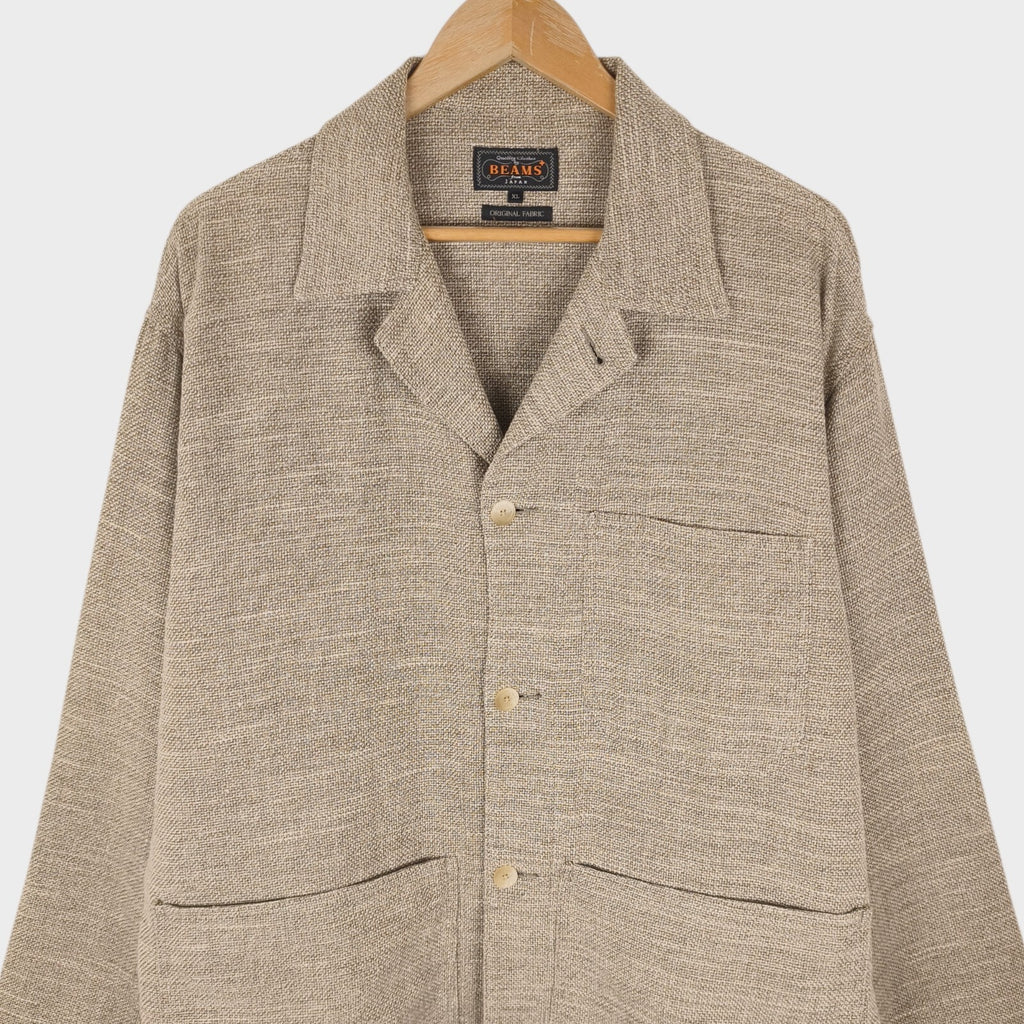 BEAMS PLUS Men's Beige Linen/Cotton Blend Knitted Chore Jacket