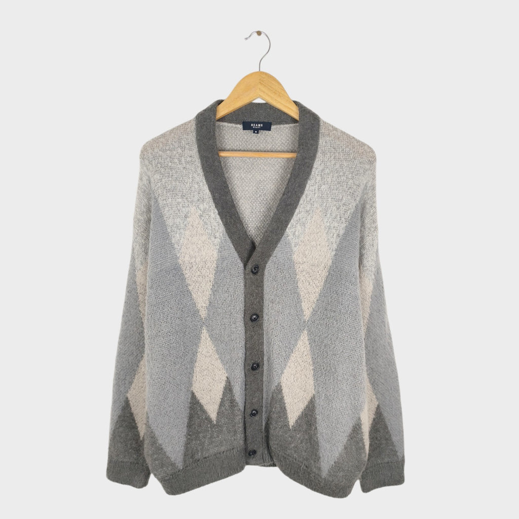 BEAMS HEART Men's Mohair Wool Blend Shaggy Grunge Argyle Cardigan