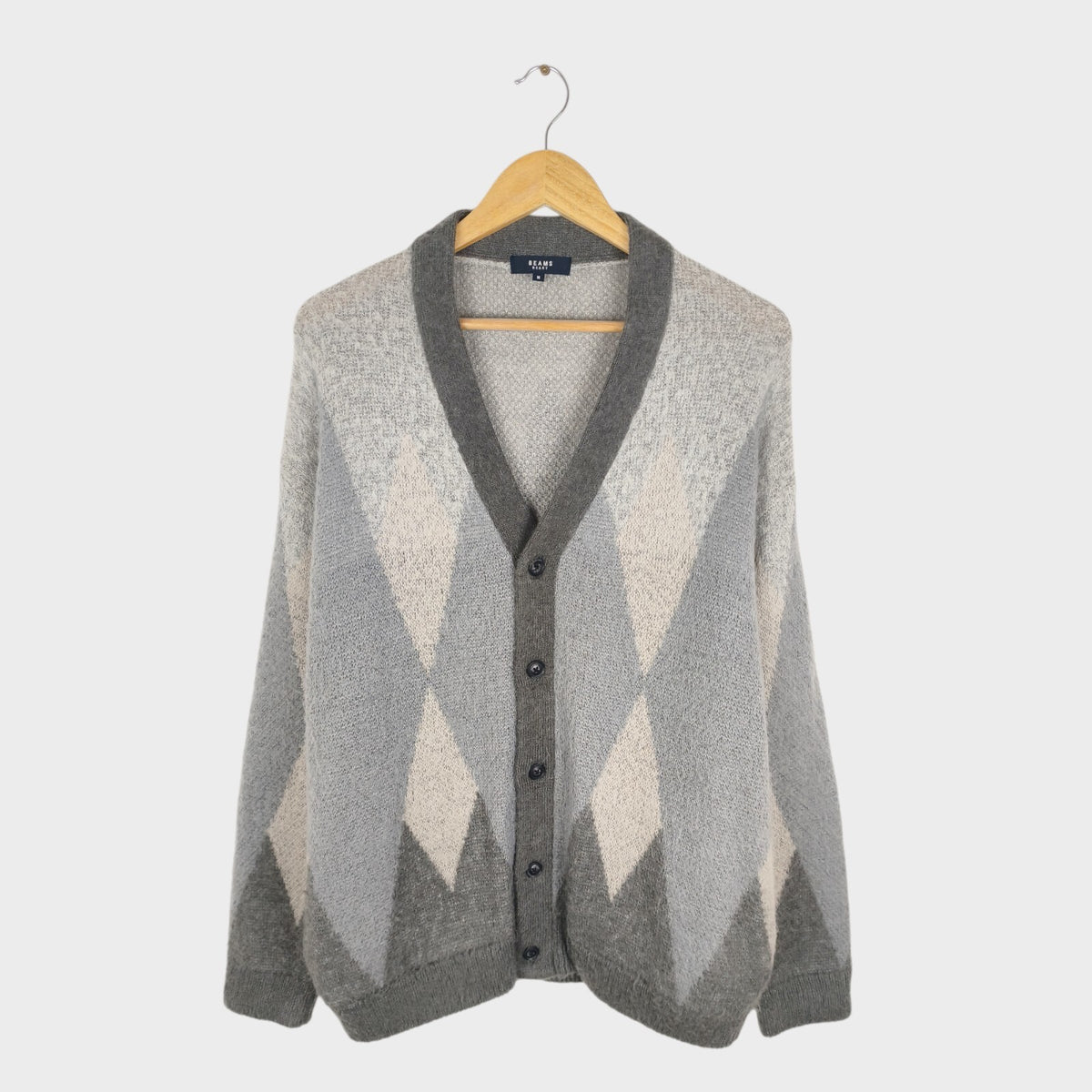 BEAMS HEART Men's Mohair Wool Blend Shaggy Grunge Argyle Cardigan