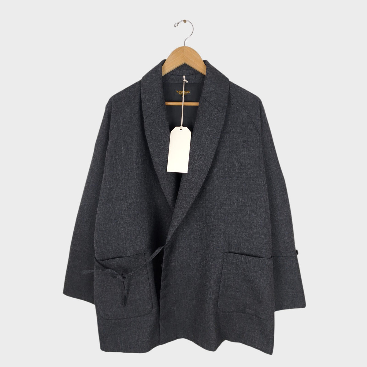A VONTADE Men's Made in Japan Dark Grey Wool Robe Kimono Coat