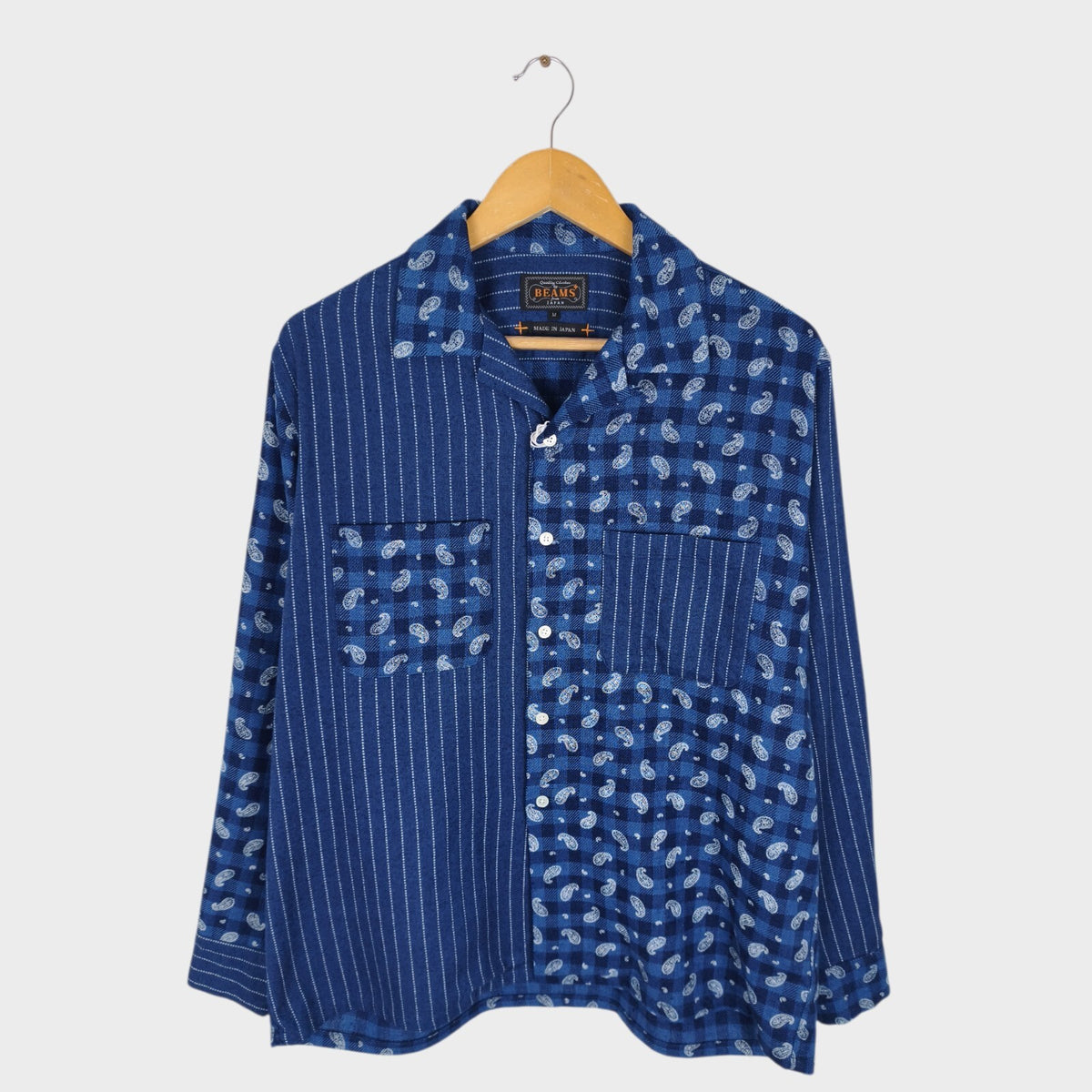 BEAMS PLUS Men's Made in Japan Blue Patchwork Flannel Shirt