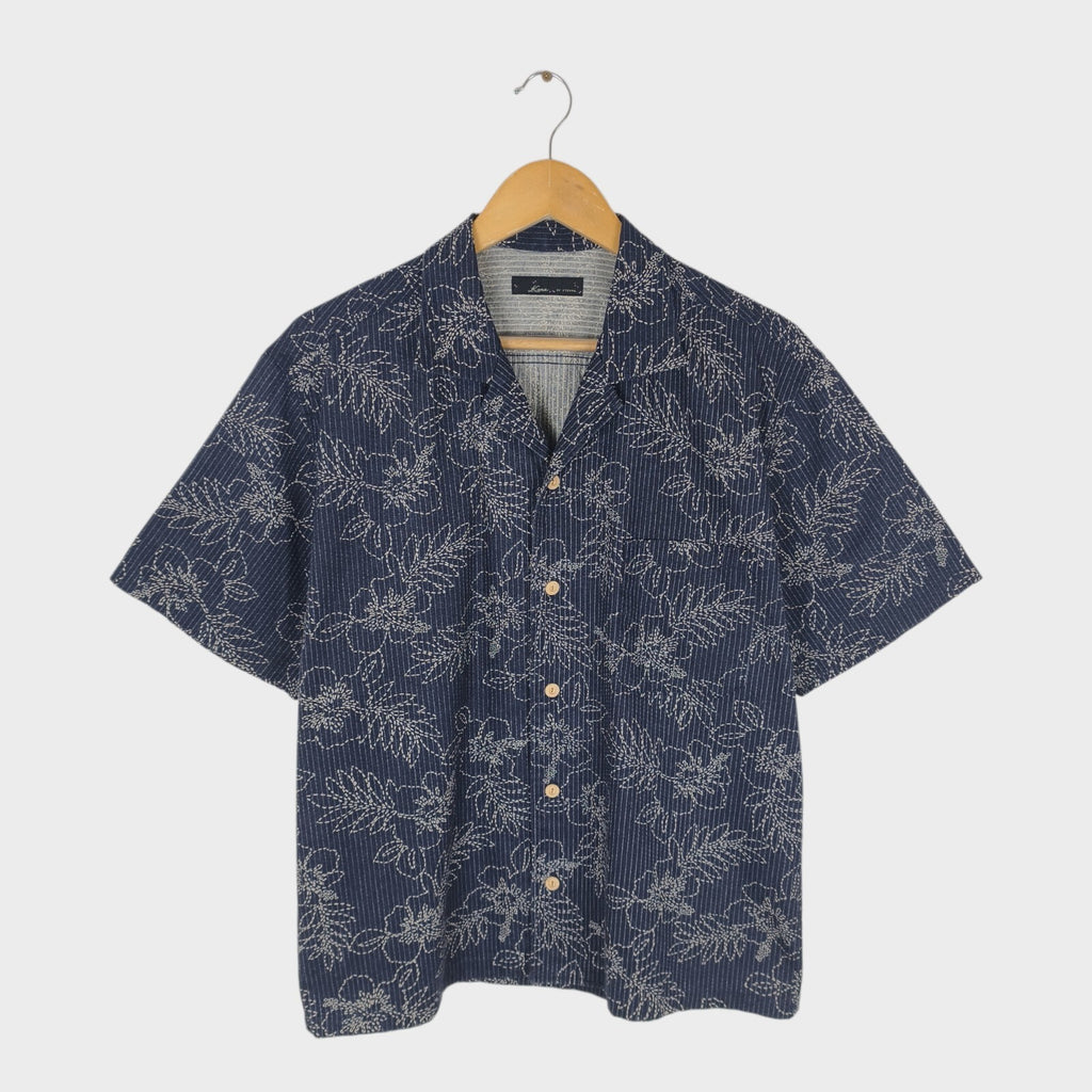 ETERNAL BICCHU KURASHIKI Men's Made in Japan Dark Blue Floral Sashiko Shirt