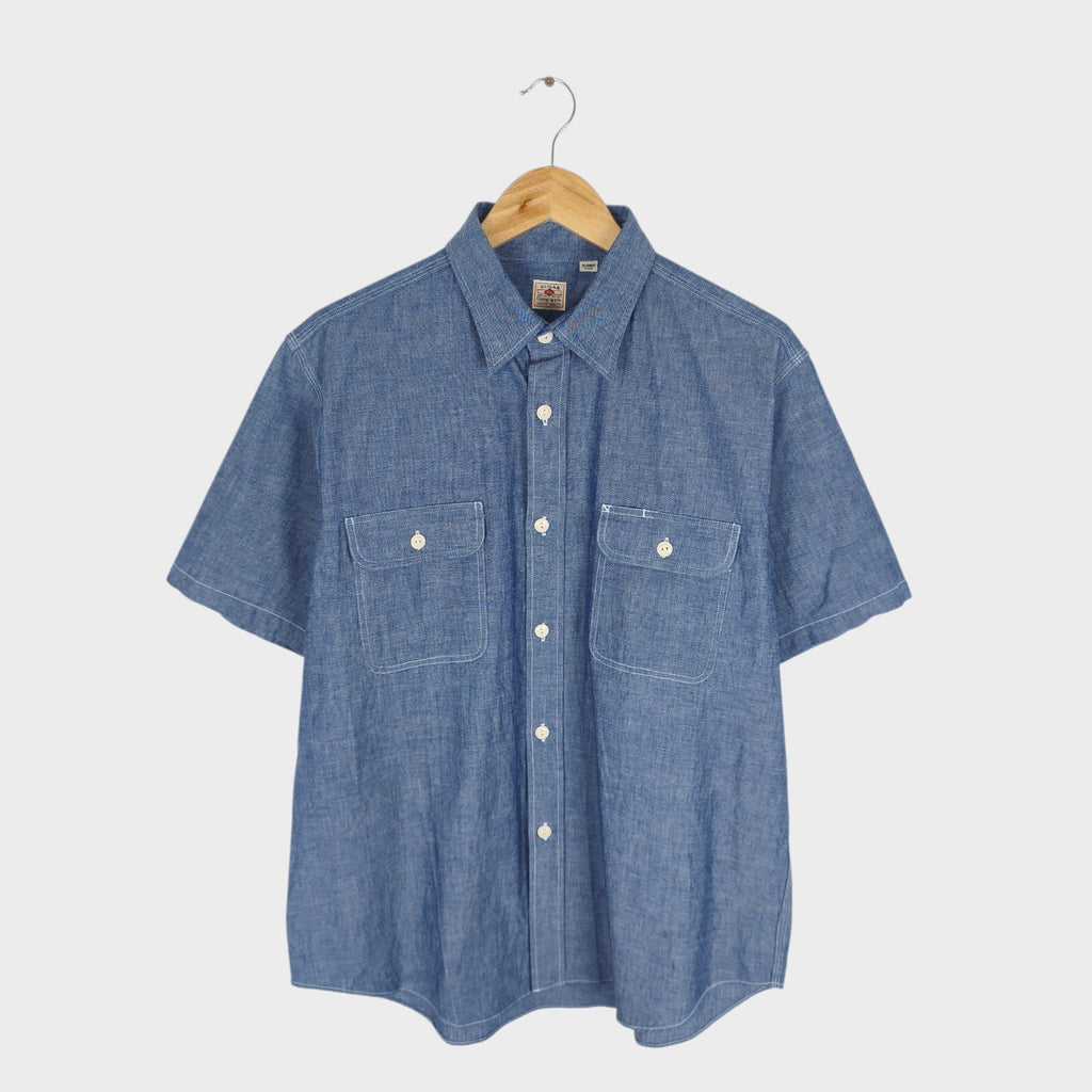 SUGAR CANE Men's Made in Japan Blue Chambray Short Sleeved Shirt