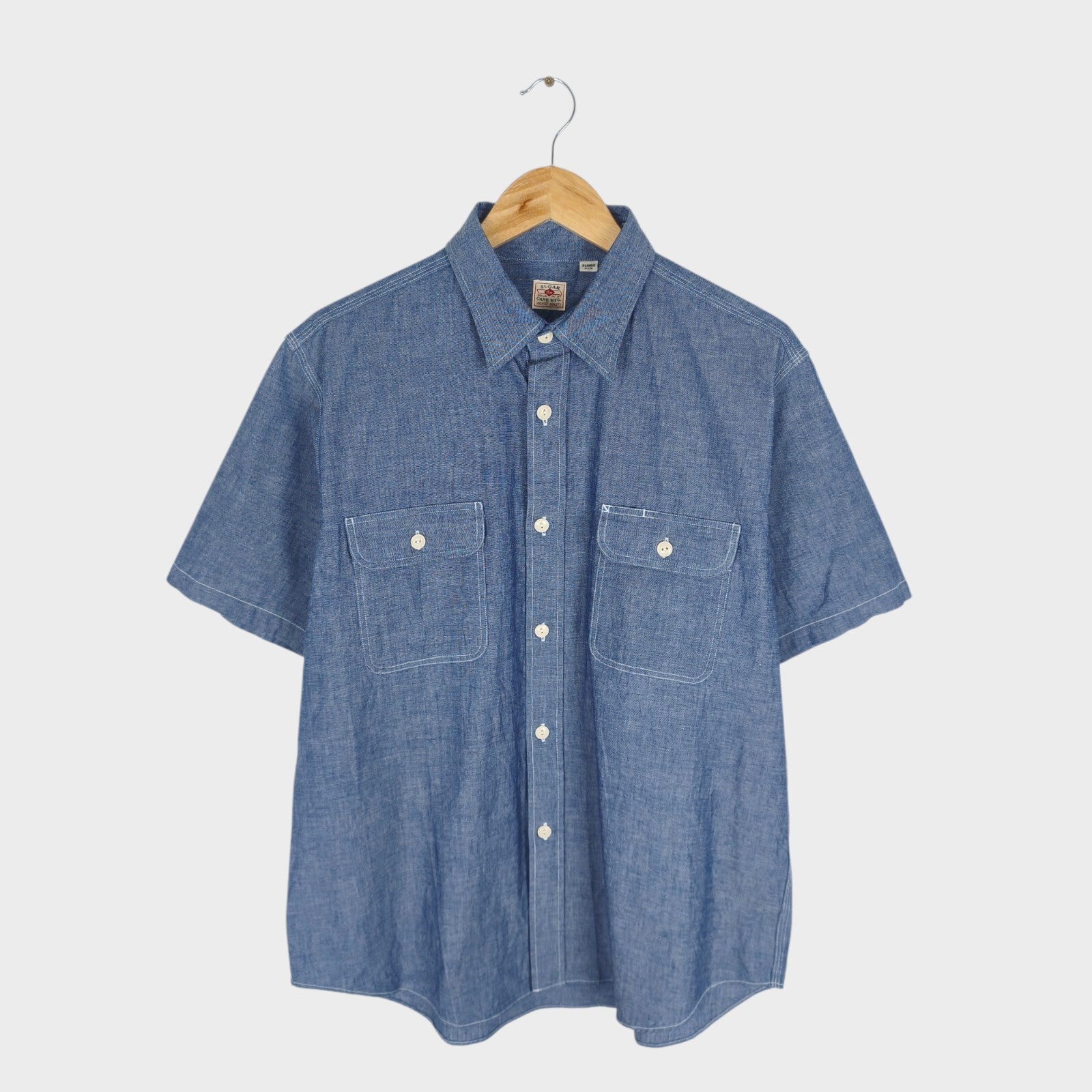 SUGAR CANE Men's Made in Japan Blue Chambray Short Sleeved Shirt