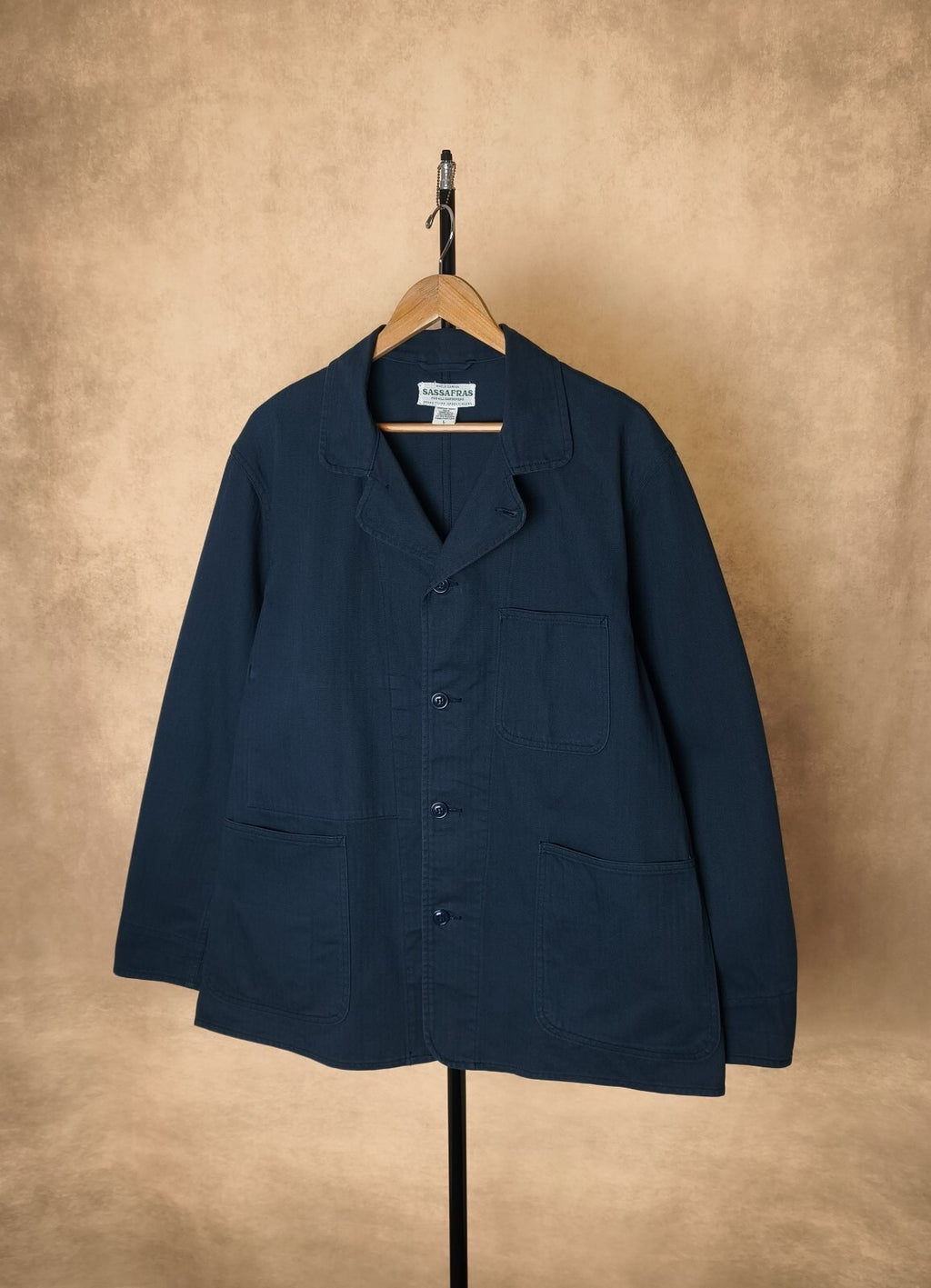 SASSAFRAS Men's Made in Japan Navy Herringbone Cotton Sprayer Chore Jacket