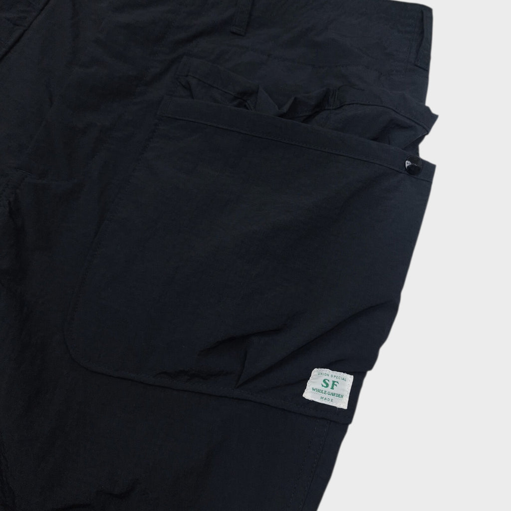 SASSAFRAS Men's Made in Japan Black Whole Hole Nylon Ripstop Cargo Shorts