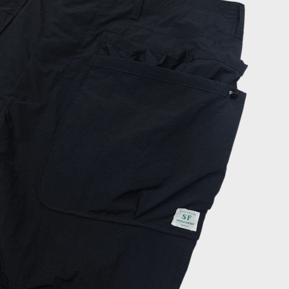 SASSAFRAS Men's Made in Japan Black Whole Hole Nylon Ripstop Cargo Shorts
