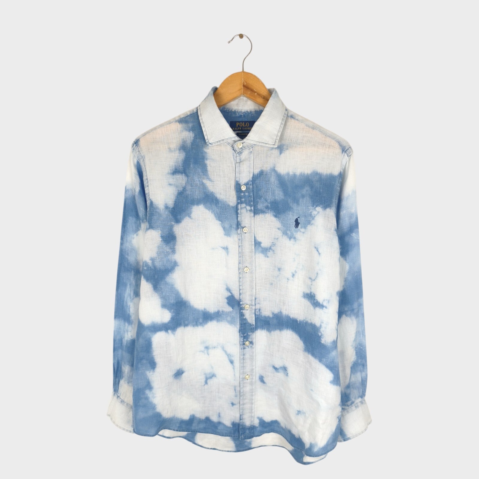 RALPH LAUREN Men's Blue/White Tie Dye 100% Linen Embroidered Logo Shirt