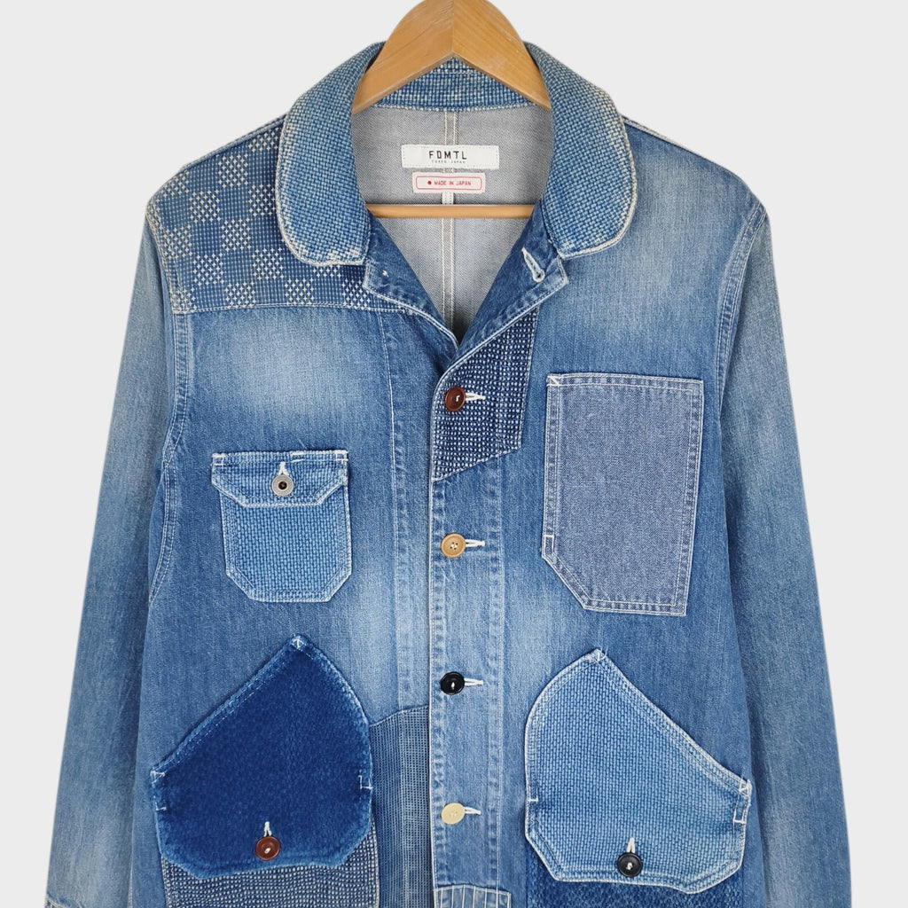FDMTL Men's Blue Made in Japan Distressed Boro Sashiko Denim Chore Jacket