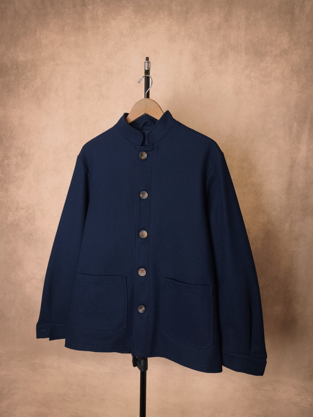 AA DOPPIAA Men's Made in Italy Navy Blue Wool Blend Mandarin Collar Aasti Chore Jacket