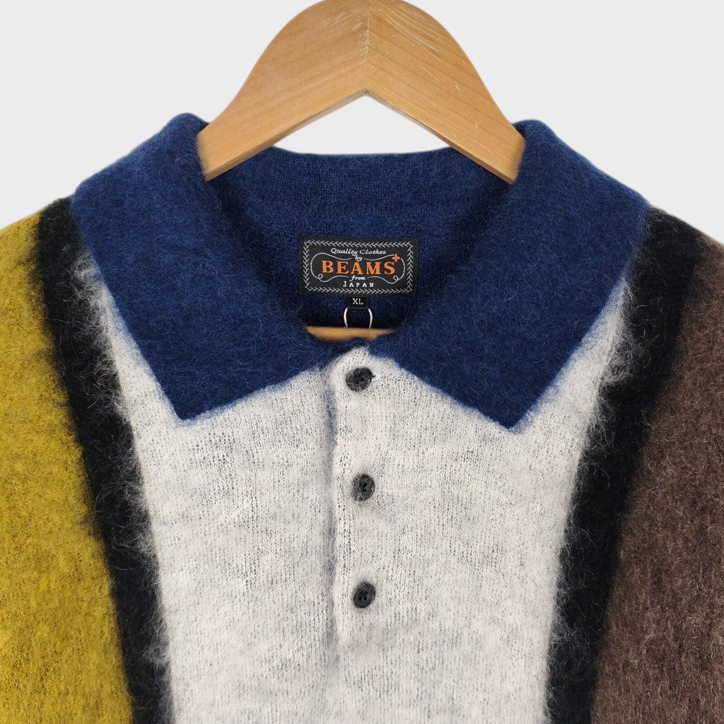 BEAMS PLUS Men's Blue 9 Gauge Shaggy Mohair Blend Polo Shirt Jumper
