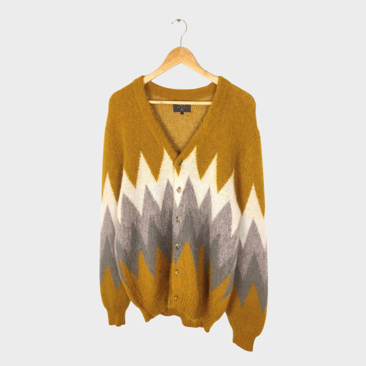BEAMS PLUS Men's Mohair Blend Shaggy Grunge Argyle Cardigan