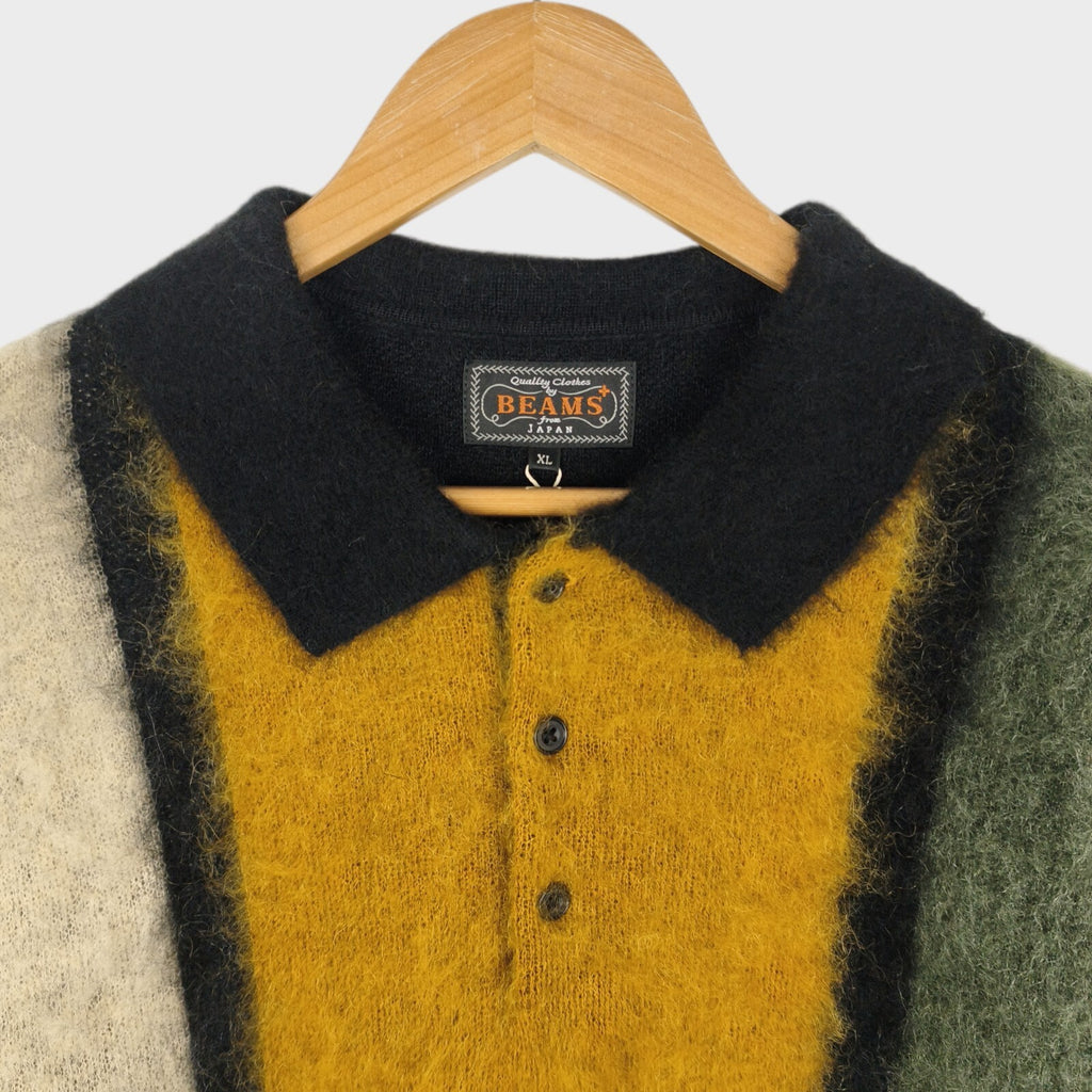 BEAMS PLUS Men's Black 9 Gauge Shaggy Mohair Blend Polo Shirt Jumper