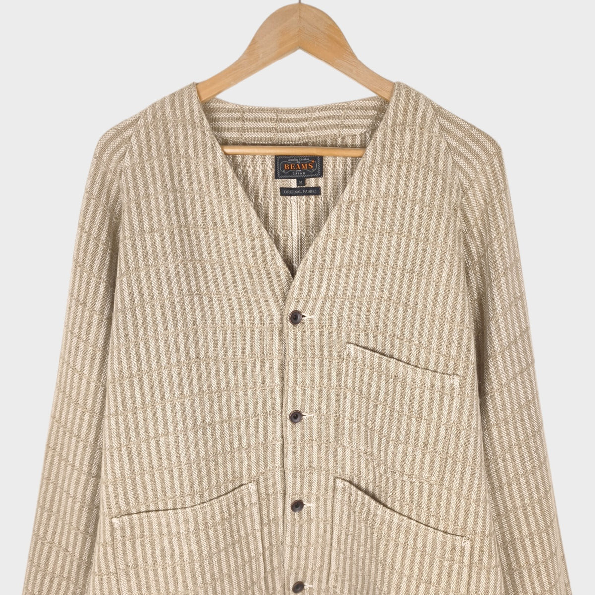 BEAMS PLUS Men's 100% Heavyweight Linen Hickory Stripe Engineer Chore Jacket
